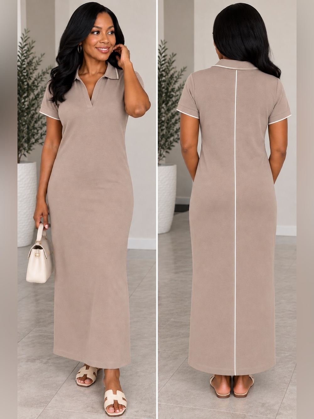 SPANX Taupe Polo Maxi Dress Contrast Trim Short Sleeve Stretch Casual Chic